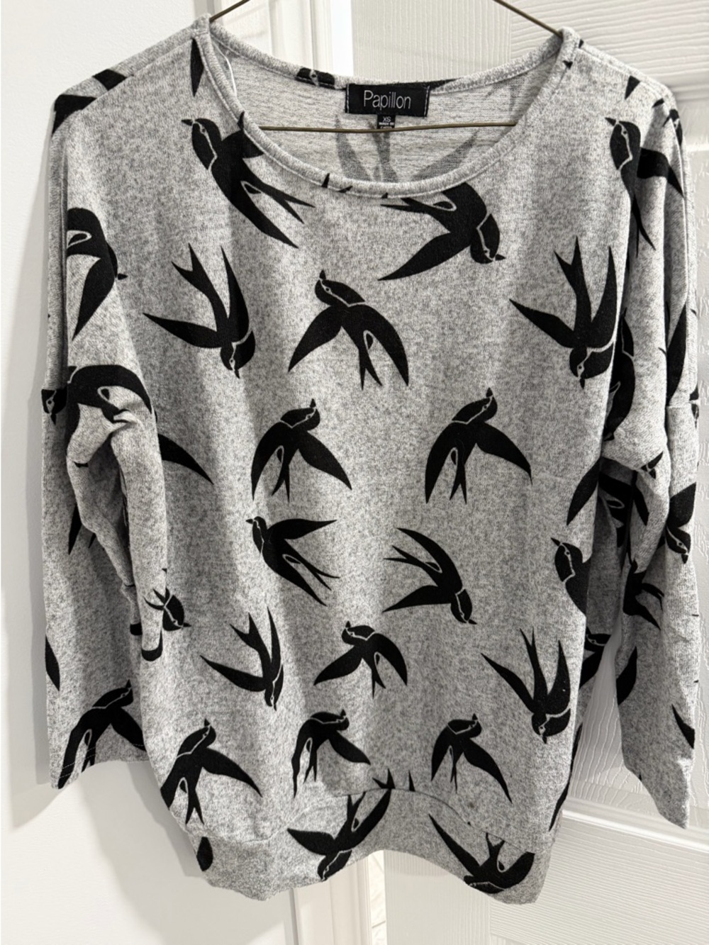 Papillon Gray Maternity Top with Black Bird Motif